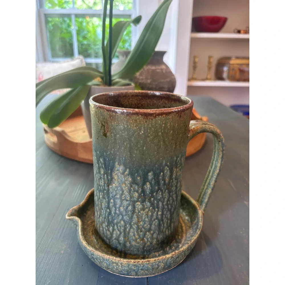 Handmade Studio Pottery Bacon Cooker Mug Textured Glaze Green Brown Artisan LSH